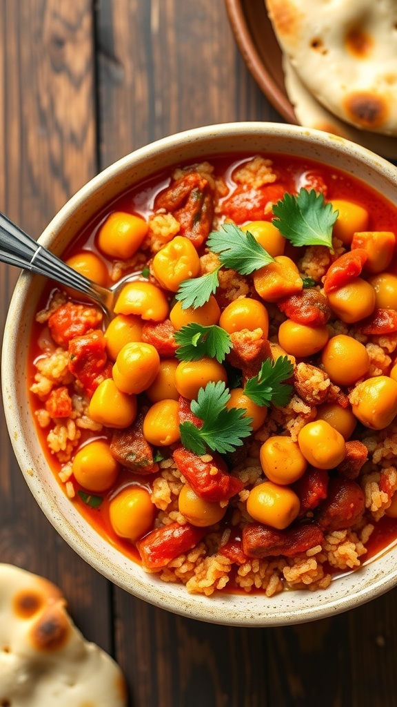 A bowl of spicy chickpea and quinoa curry, garnished with cilantro, alongside naan bread on a rustic wooden table.